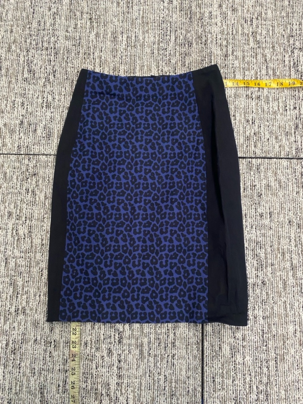 Blue Leopard Print Pencil Skirt with Black Side Panels